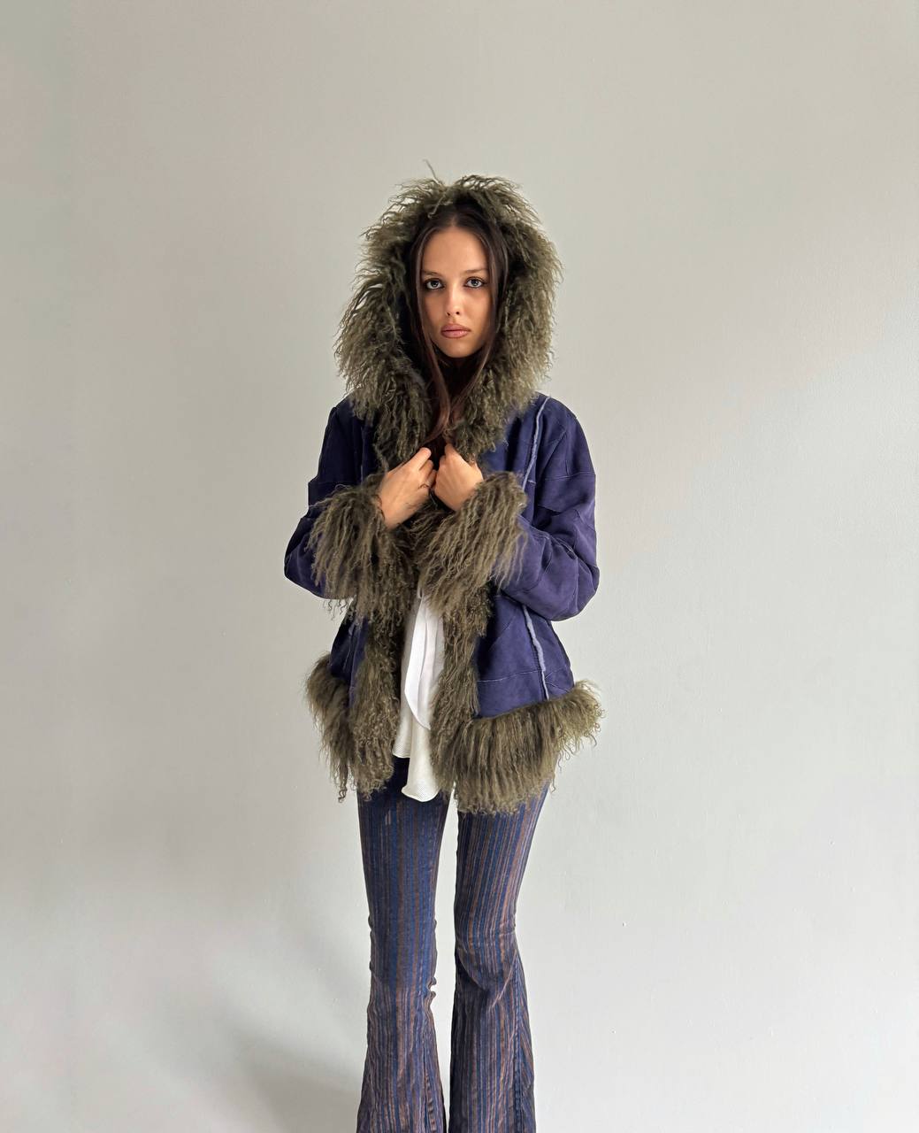 Vintage genuine leather jacket with Mongolian fur