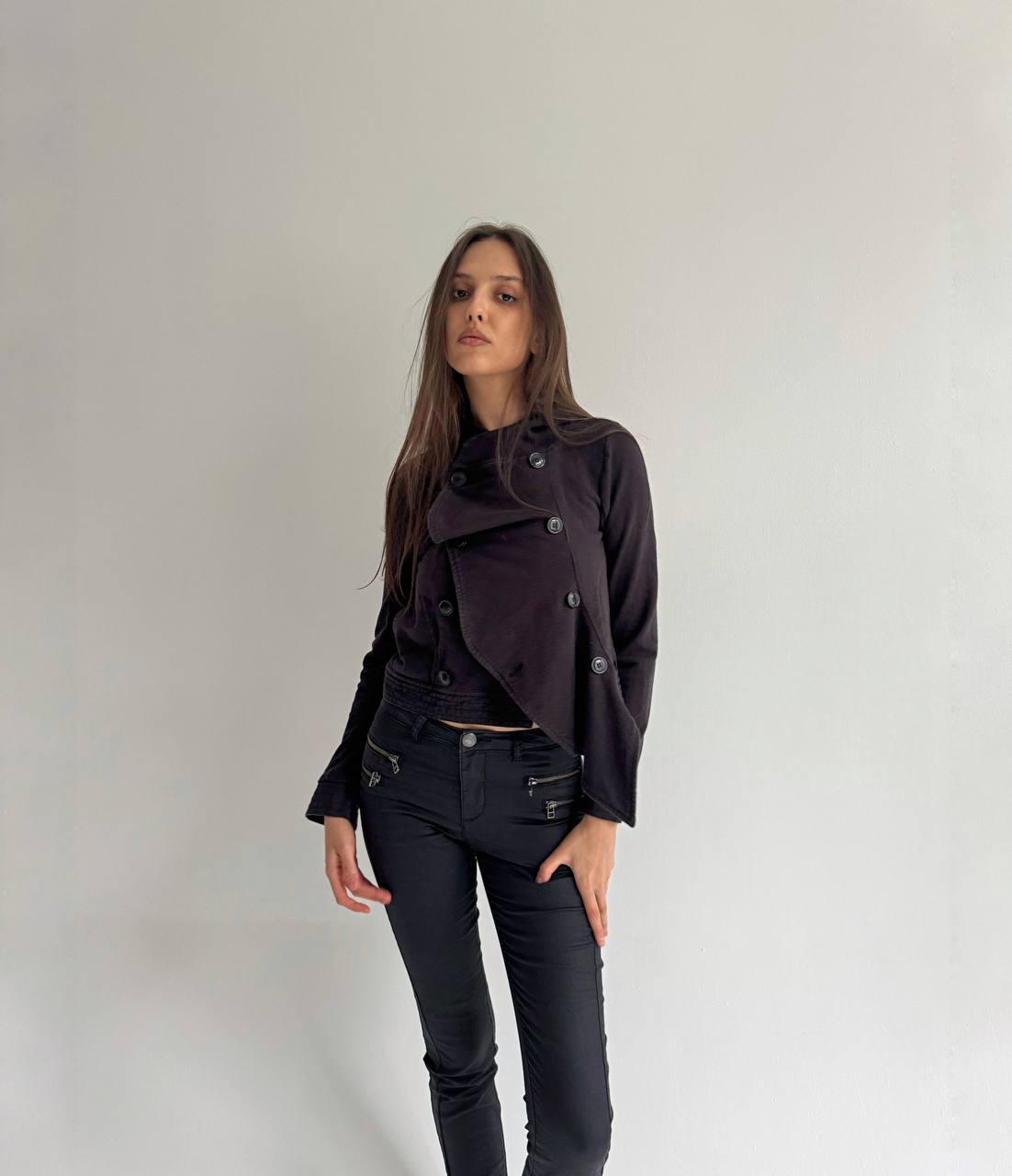 Avant garde cotton black asymmetrical blouse with a hood