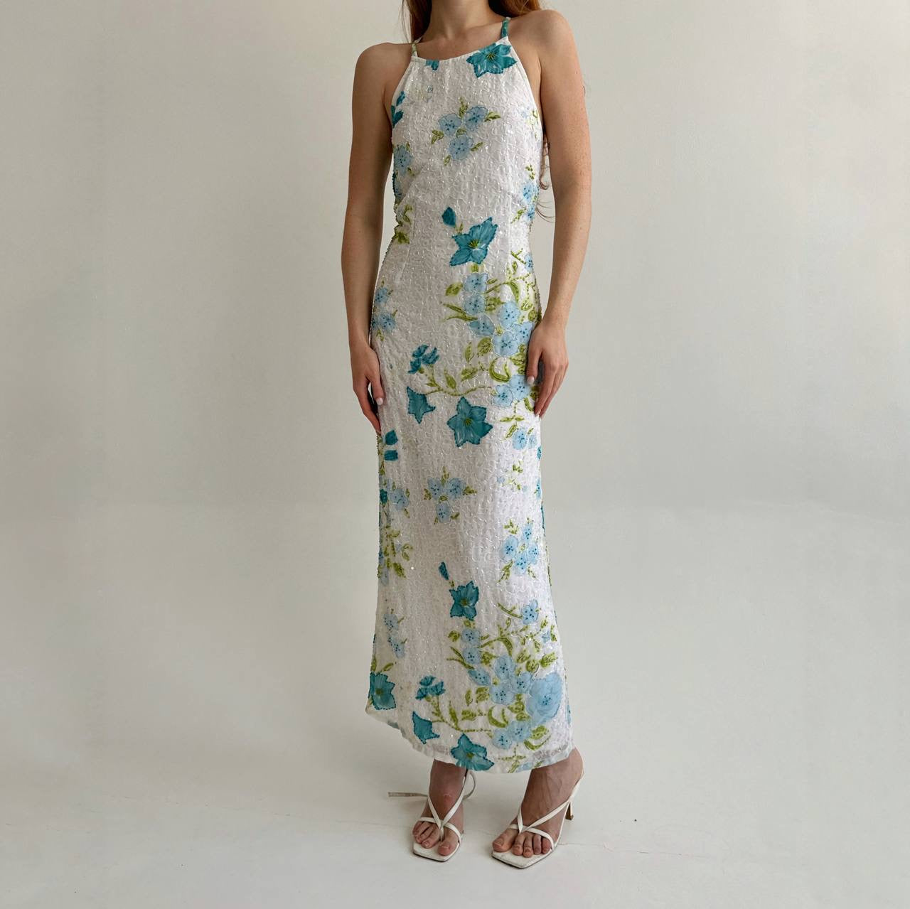 Vintage maxi dress with flowers pattern and beaded swirl