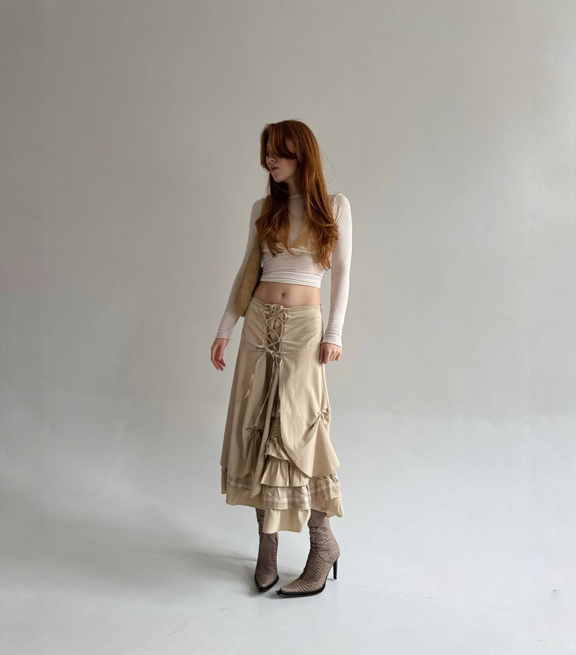 Vintage beige draped skirt with lace and checker pattern details