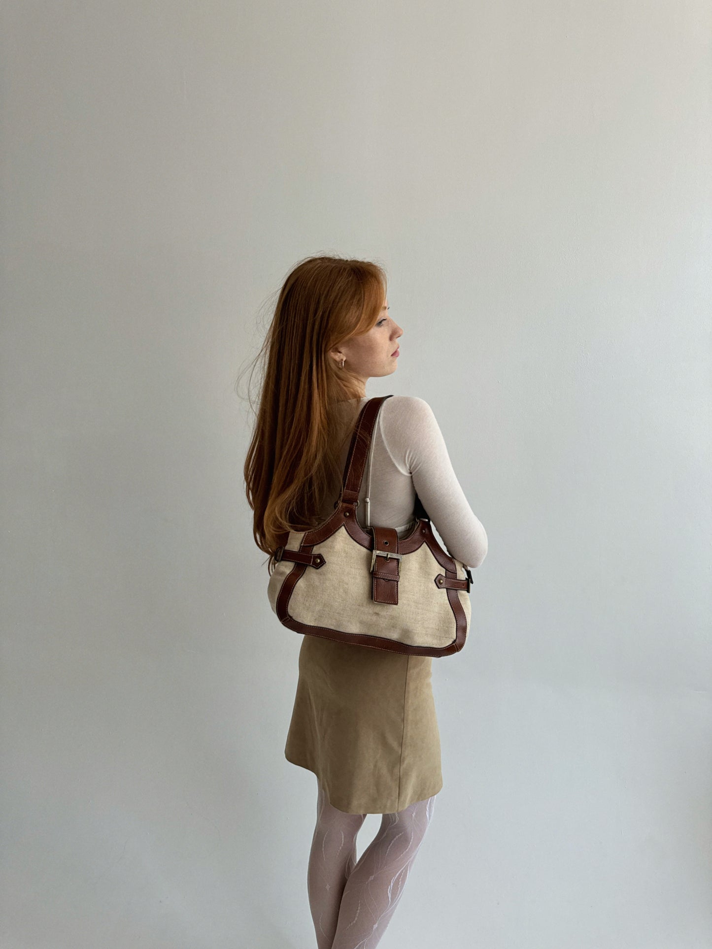 Vintage beige canvas bag with genuine leather brown handles