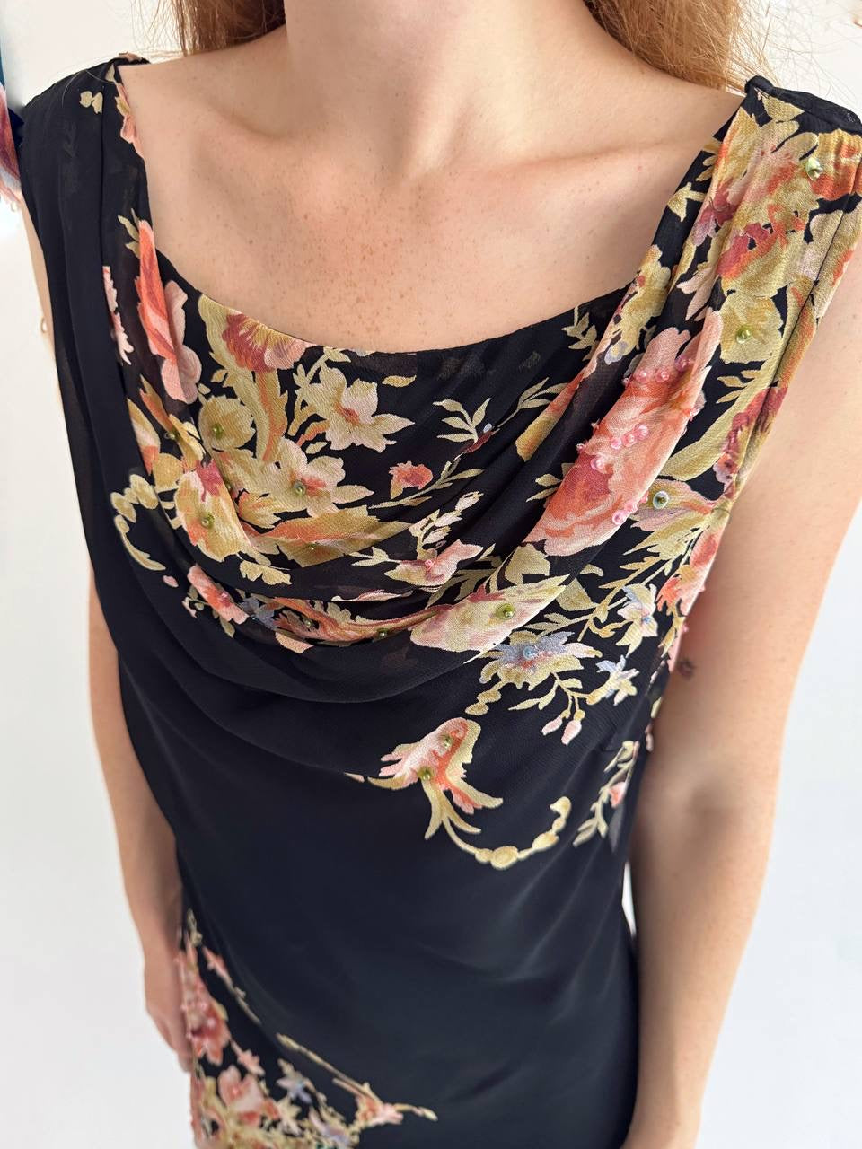 Vintage rayon dress with flower print and beads