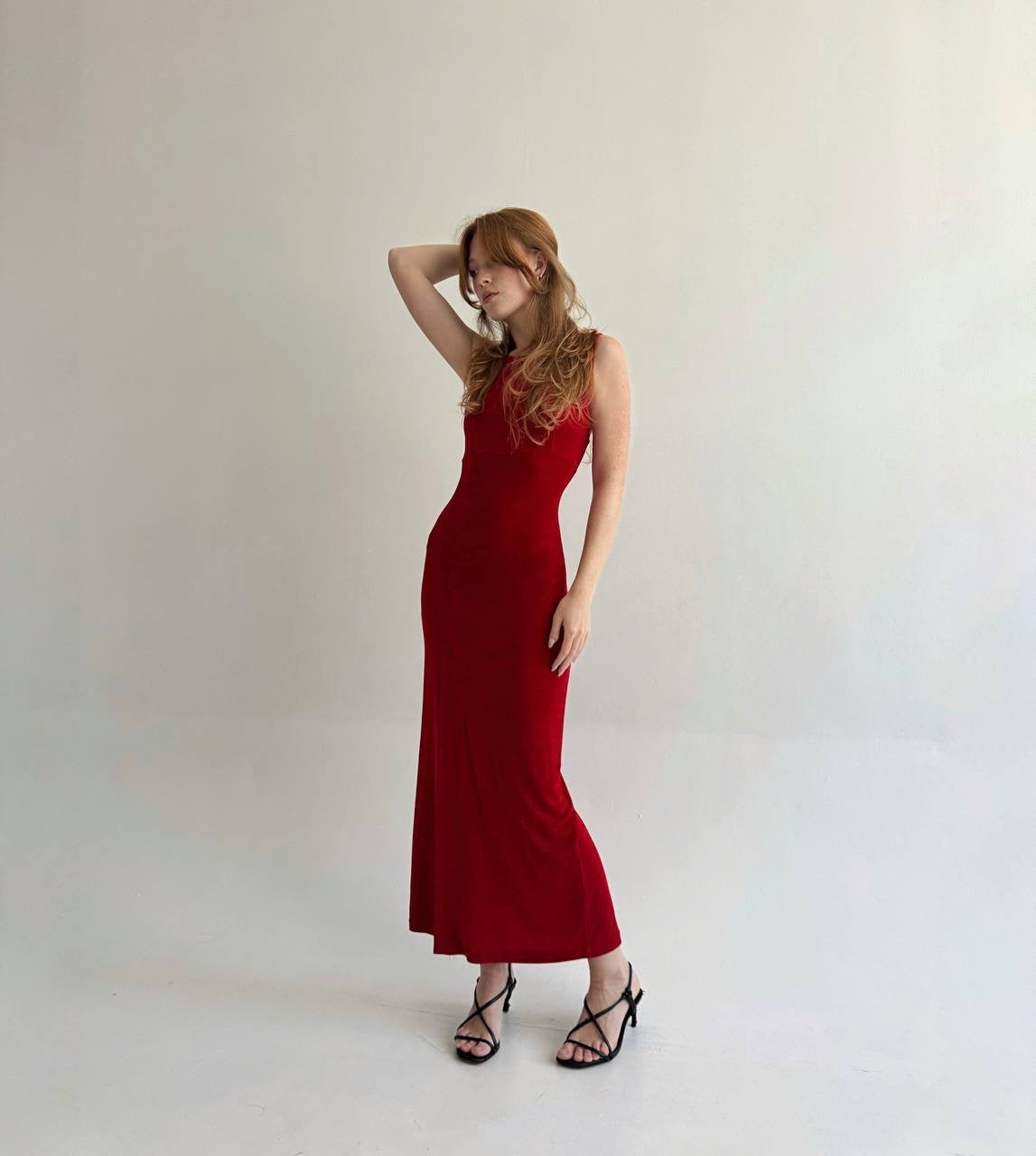 Vintage red fitted long dress with open back