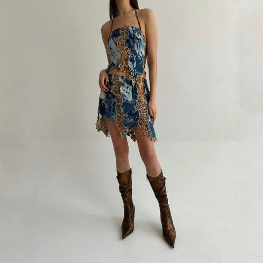 Vintage 3 piece suit with distressed leopard and denim like pattern