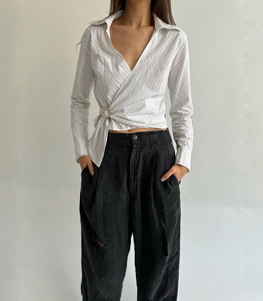 Vintage cotton asymmetrical buckle blouse