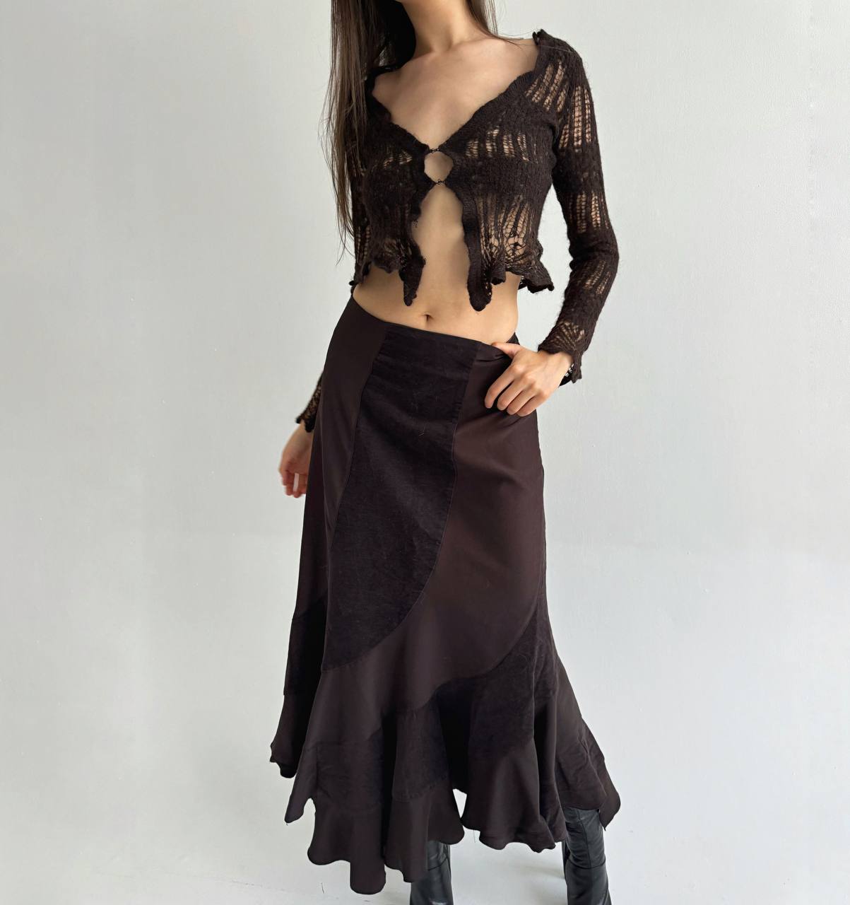 Vintage brown ruffled maxi skirt