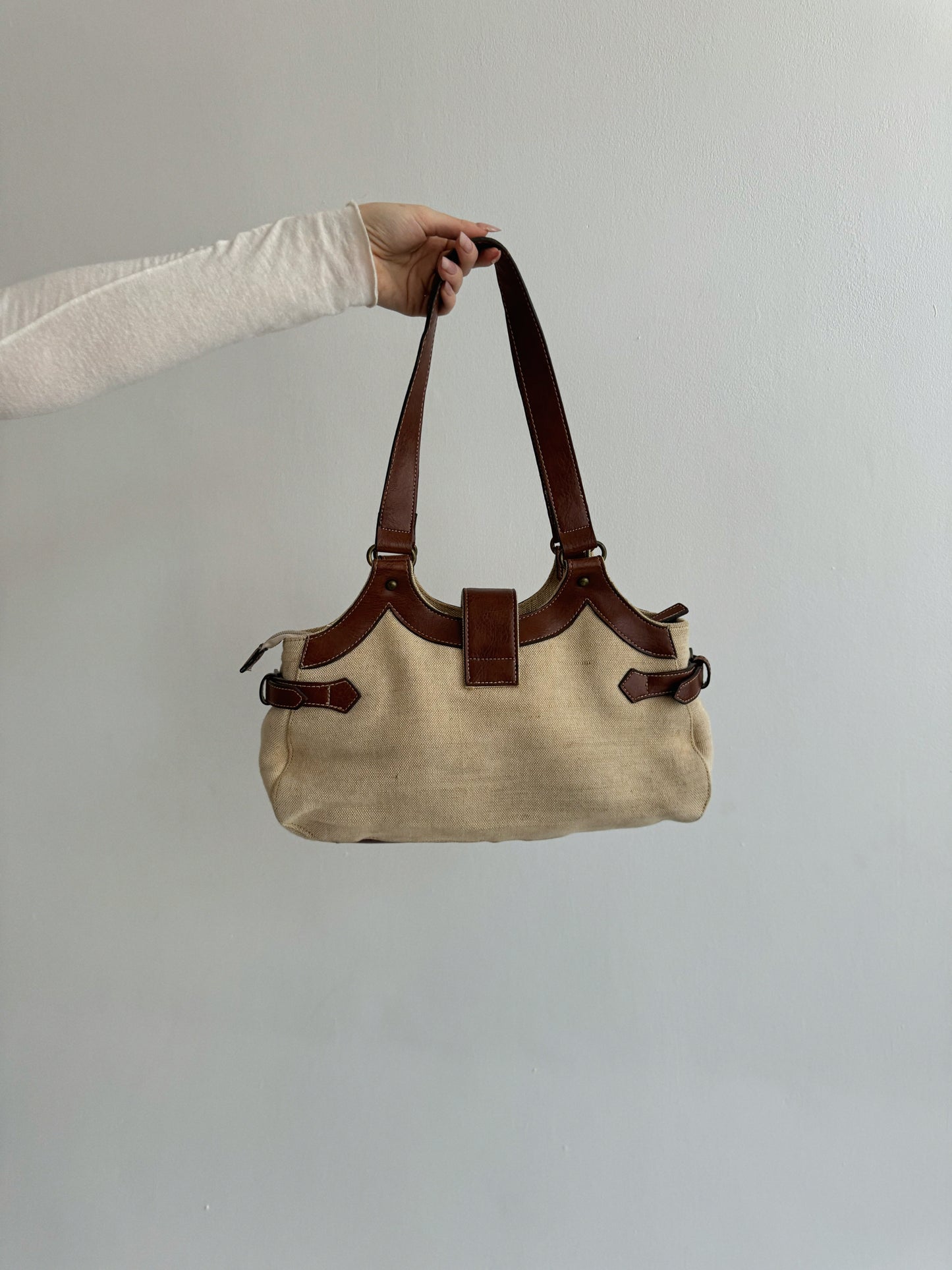 Vintage beige canvas bag with genuine leather brown handles