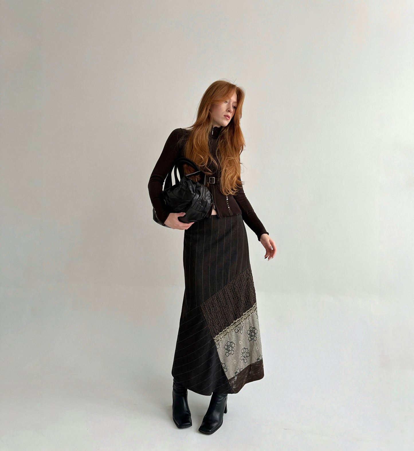 Vintage 64% viscose 25% wool brown striped maxi skirt