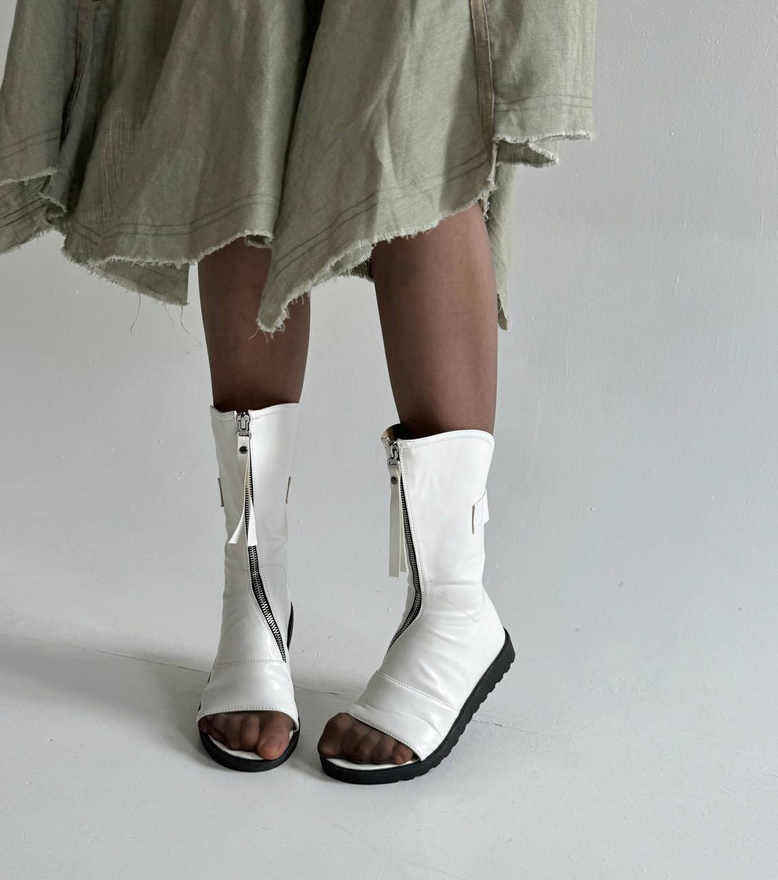Vintage avant garde asymmetrical zipper open toe boots