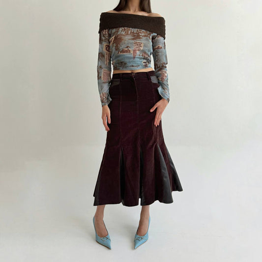 Vintage brown corduroy cotton skirt with pleather