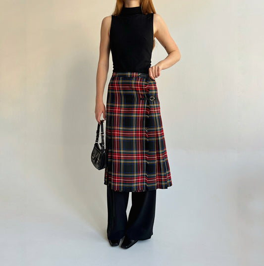 Vintage kilt checked tartan midi skirt