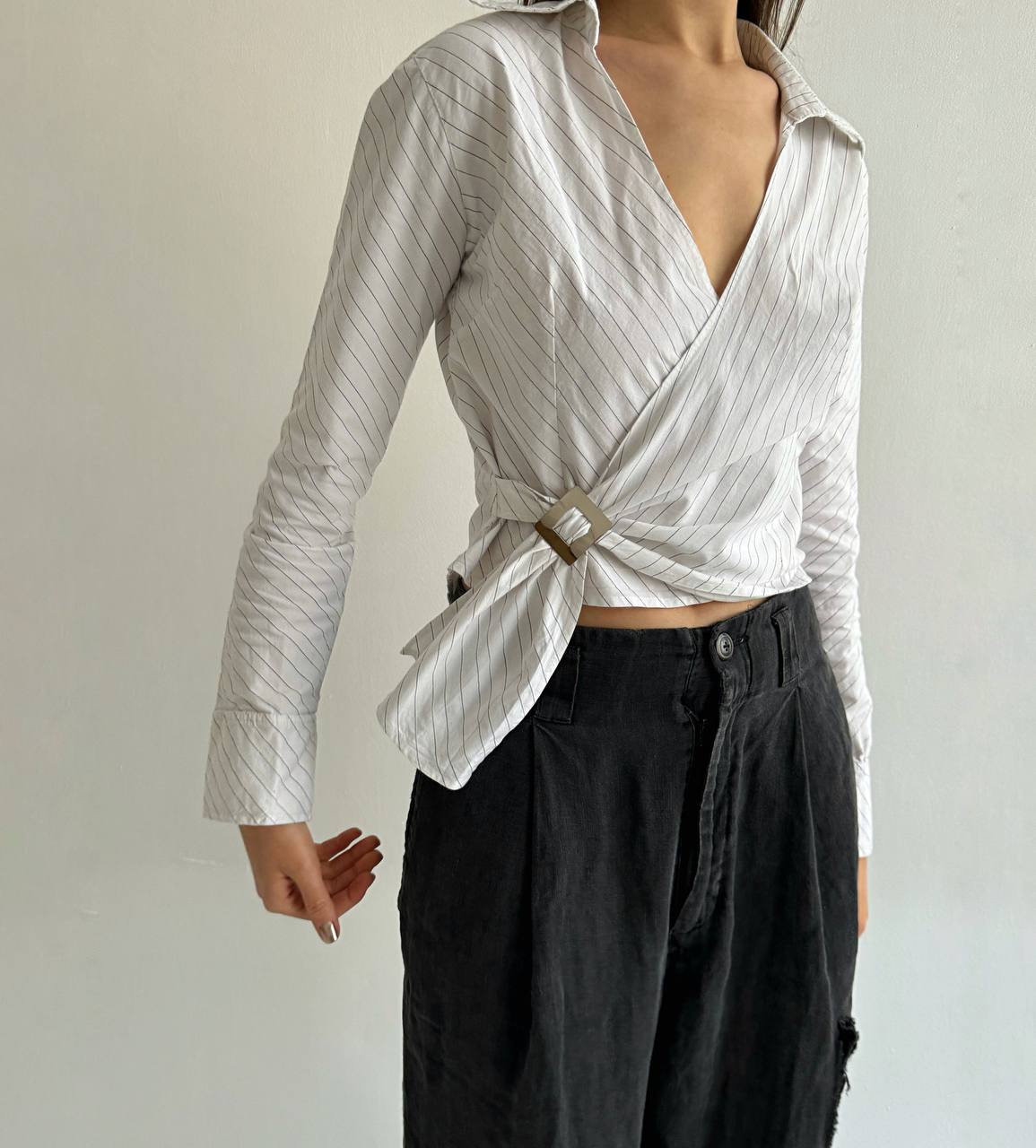 Vintage cotton asymmetrical buckle blouse