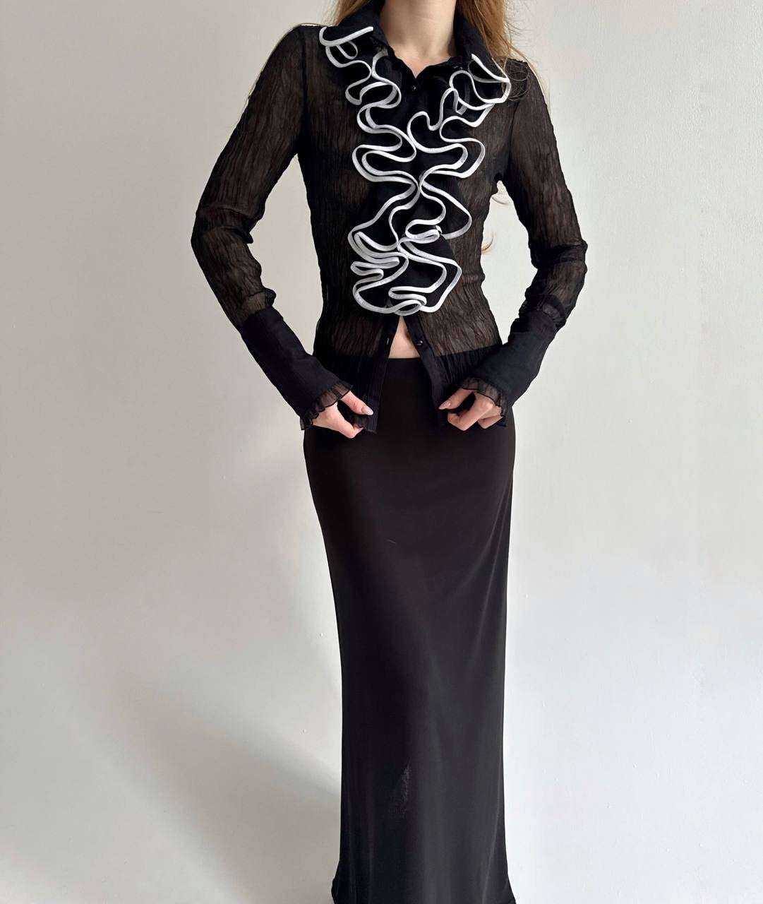 Vintage sheer pleated blouse with ruffles
