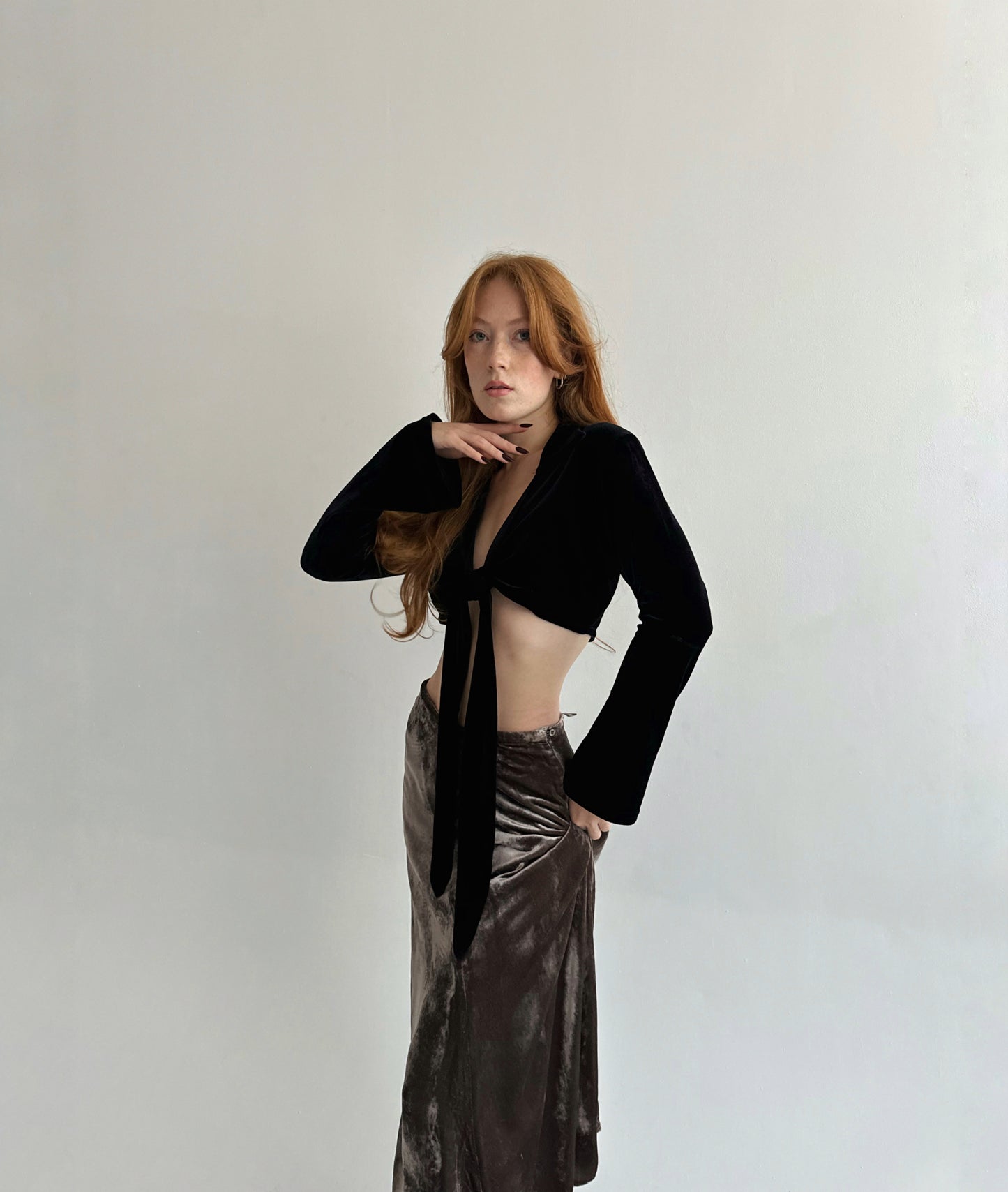 Vintage velour 82% viscose 18% silk taupe maxi skirt