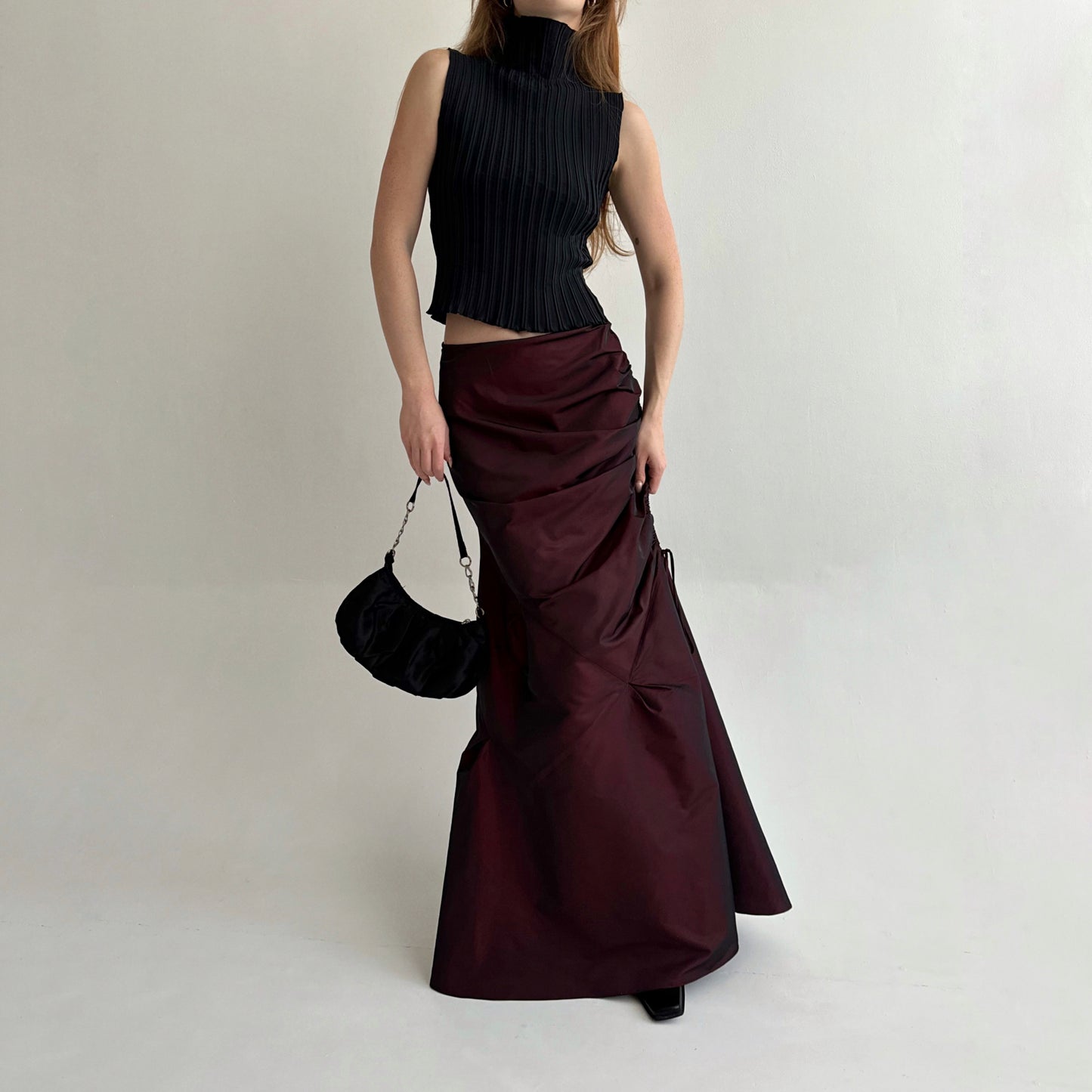 Vintage gothic burgundy maxi skirt with side gathering