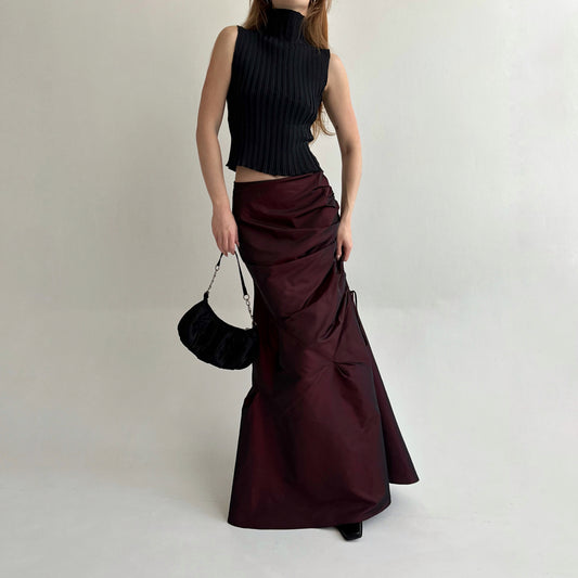 Vintage gothic burgundy maxi skirt with side gathering