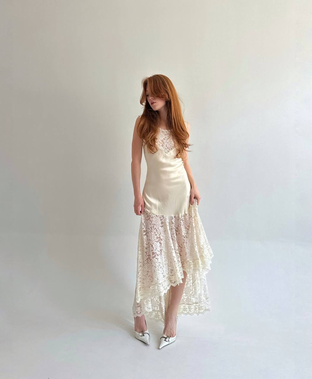 Vintage 80s pure silk antique inspired lace dress