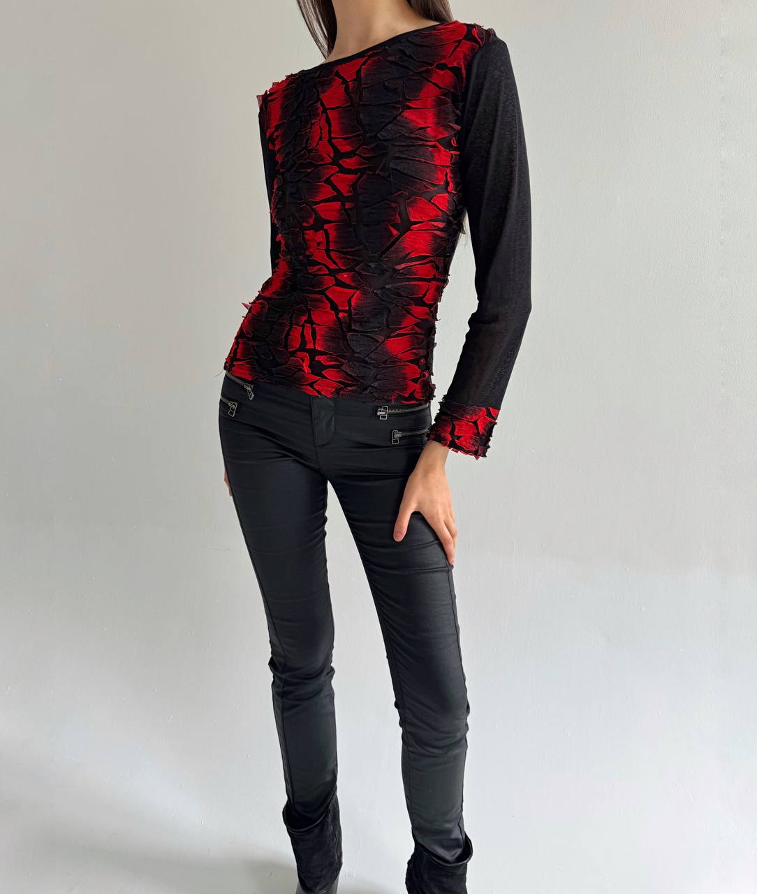 Vintage avant garde mesh deconstructed red blouse