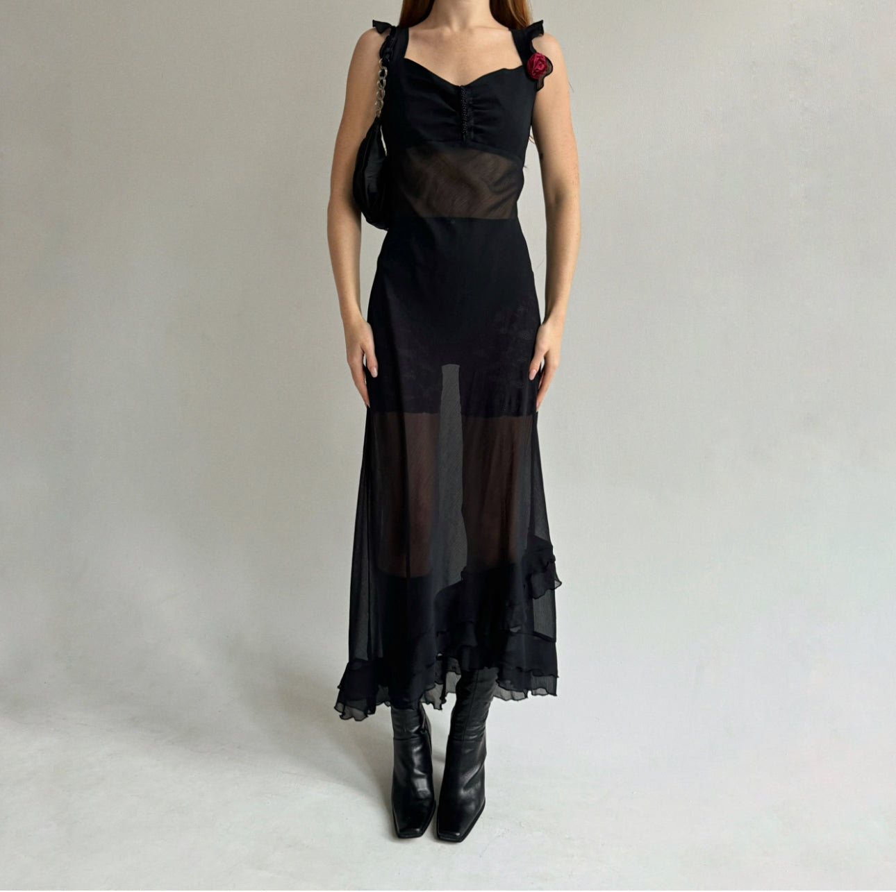 Vintage semi transparent maxi dress with red flower appliqué
