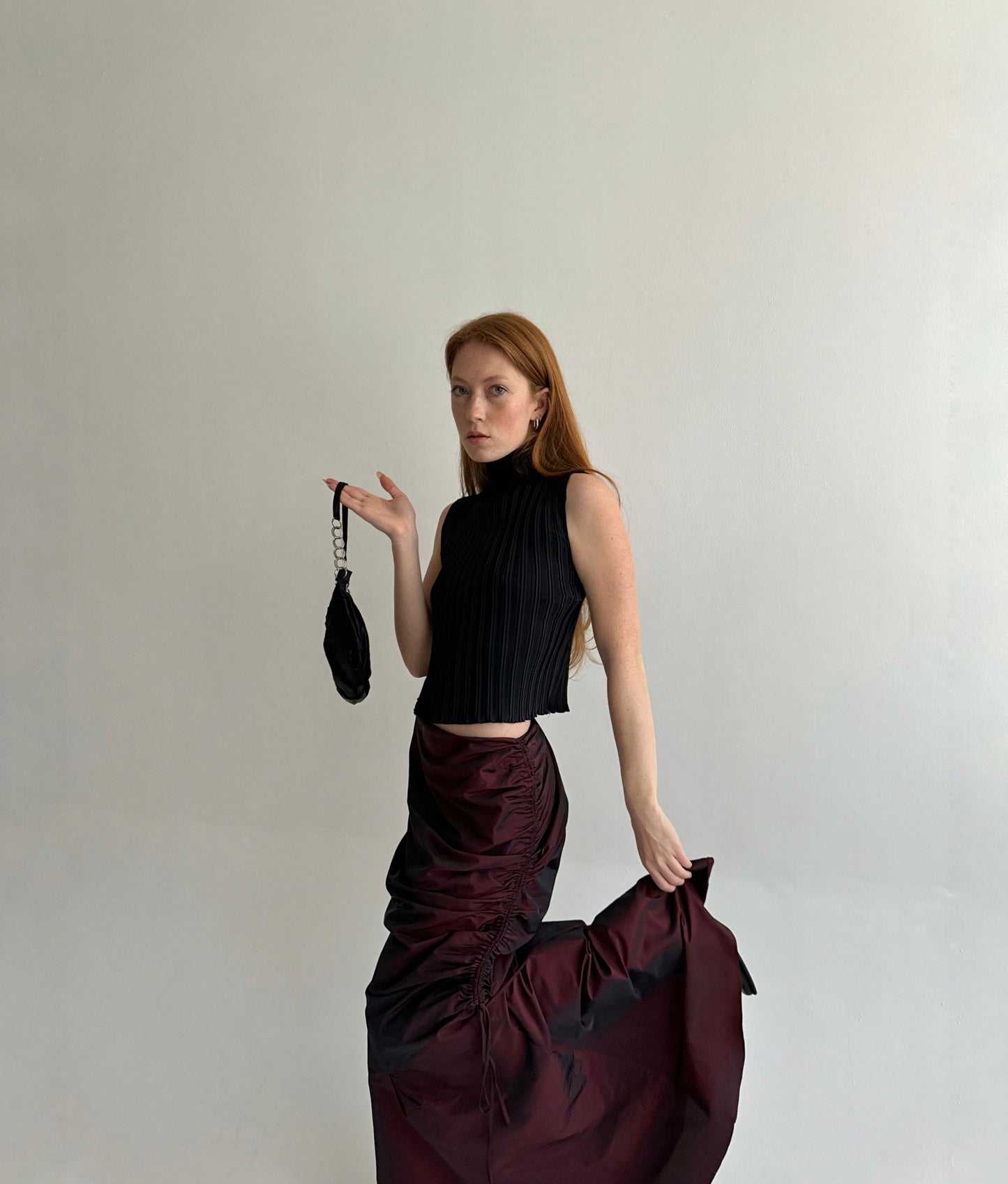 Vintage gothic burgundy maxi skirt with side gathering