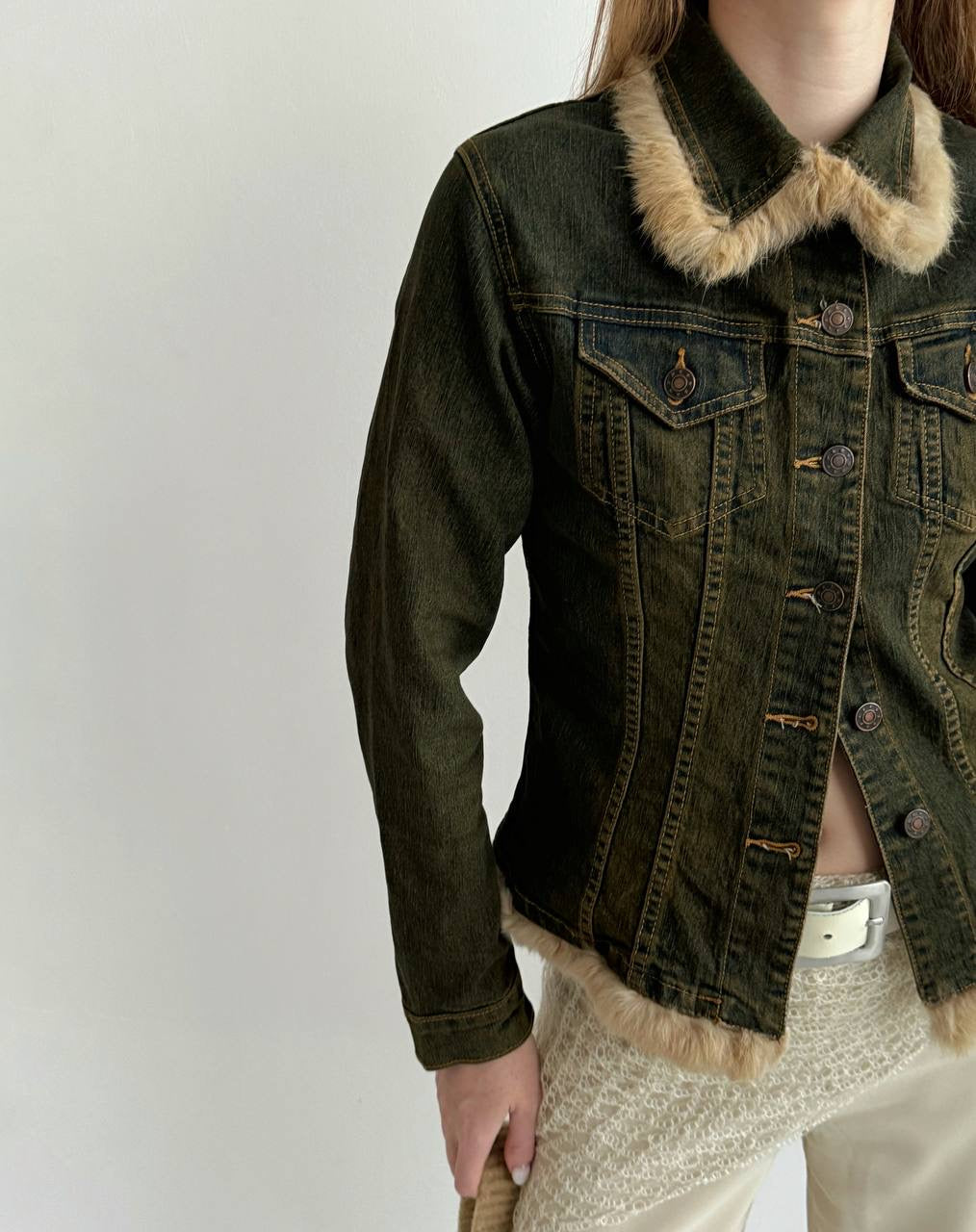 Vintage made in France washed denim jacket with real fur
