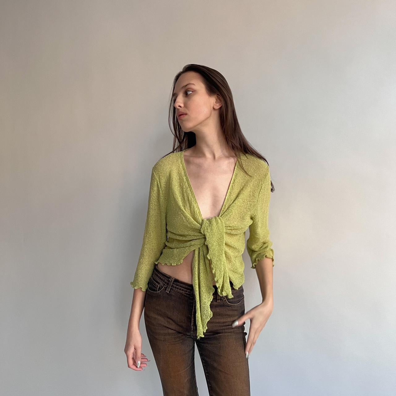 Vintage green open weave wrap top