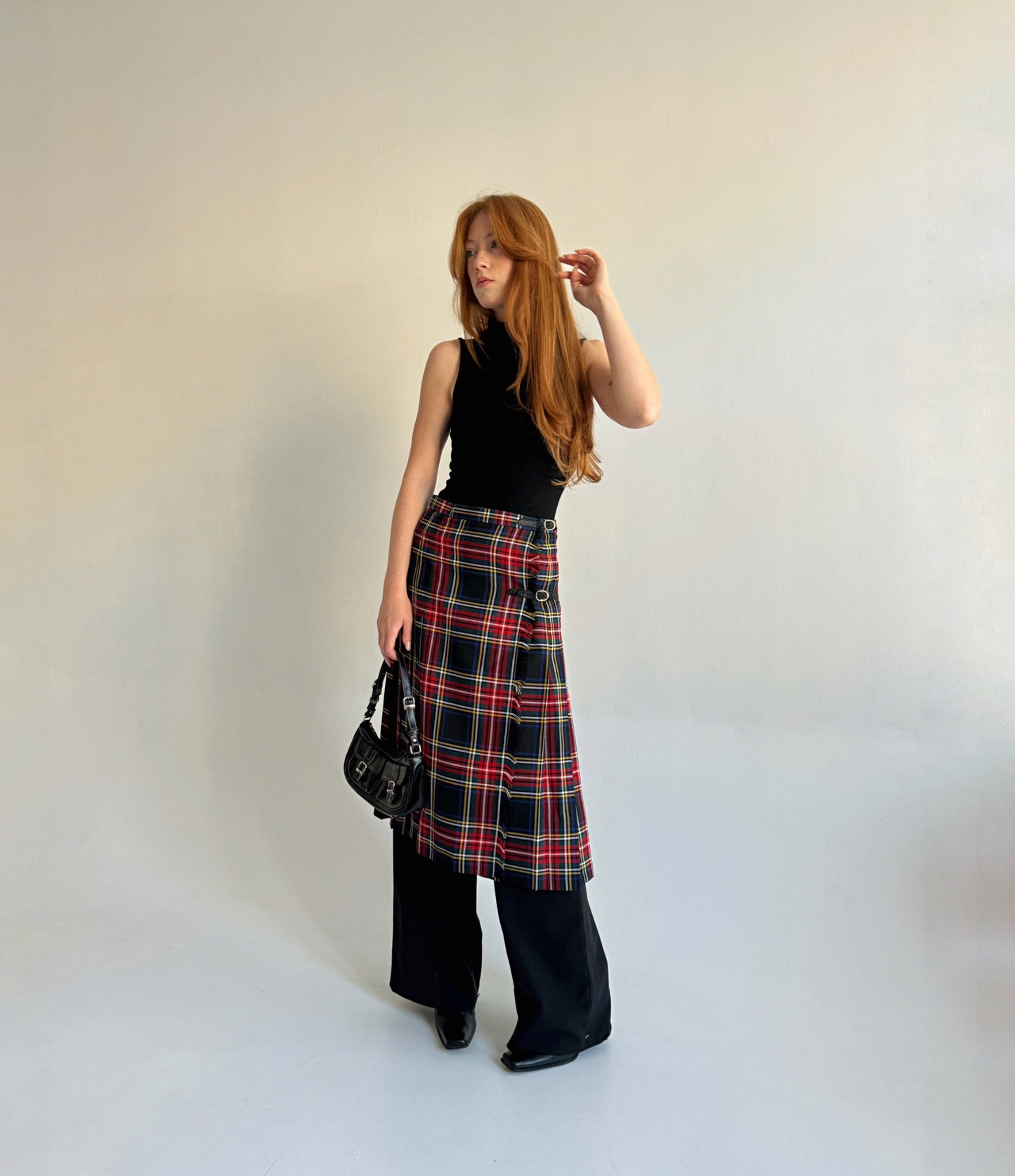 Vintage kilt checked tartan midi skirt