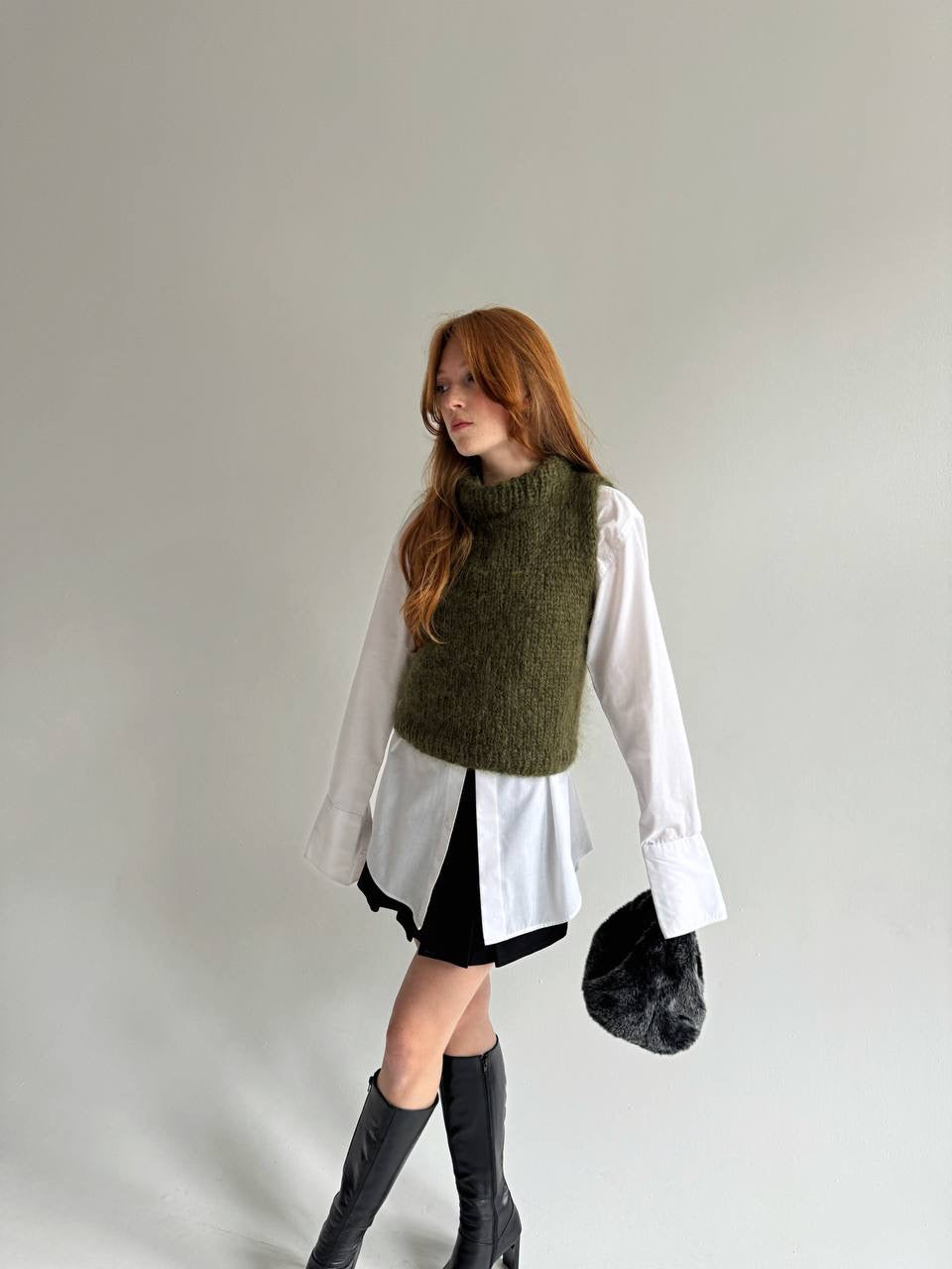 Vintage khaki fluffy knitted vest