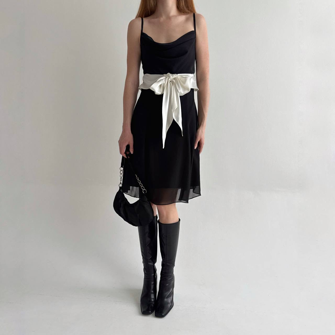 Vintage mini dress with white satin waist tie