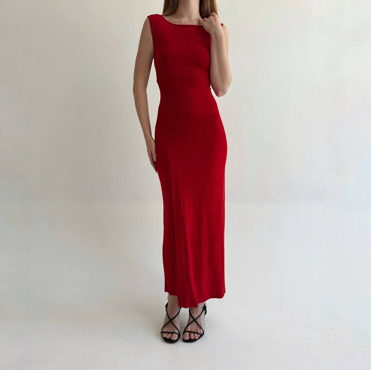 Vintage red fitted long dress with open back