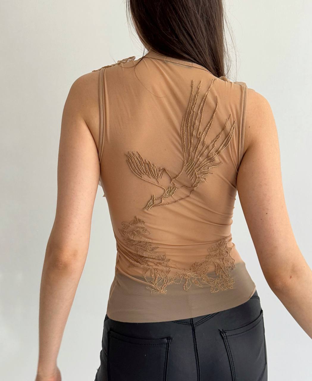 Sisley mesh embroidered ruffled top