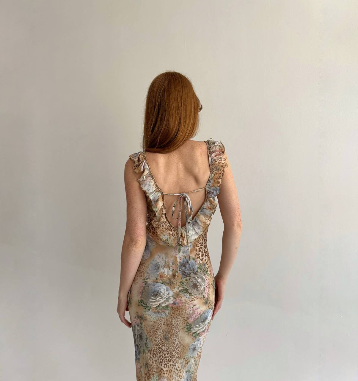Vintage viscose long dress with leopard and flower print