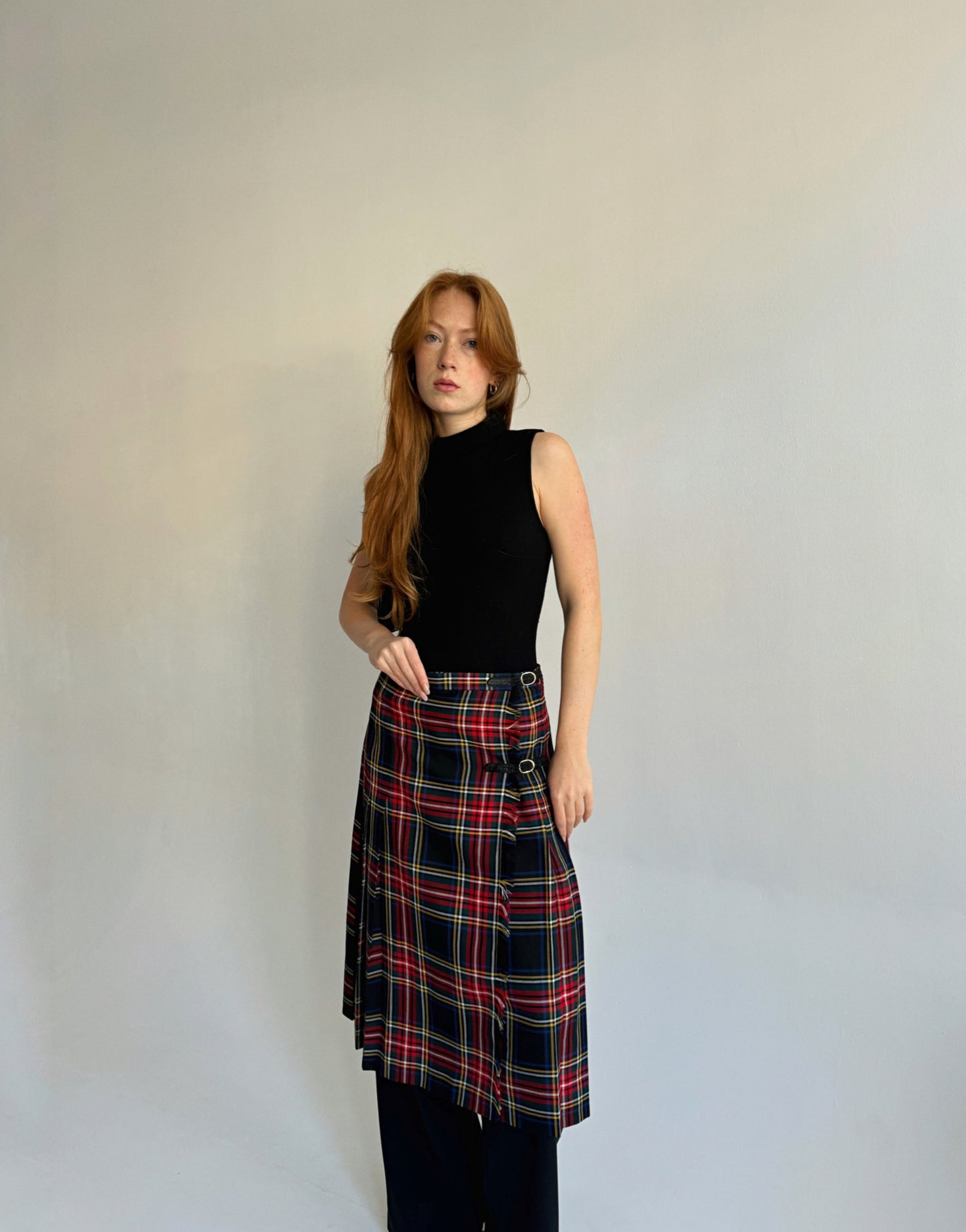 Vintage kilt checked tartan midi skirt