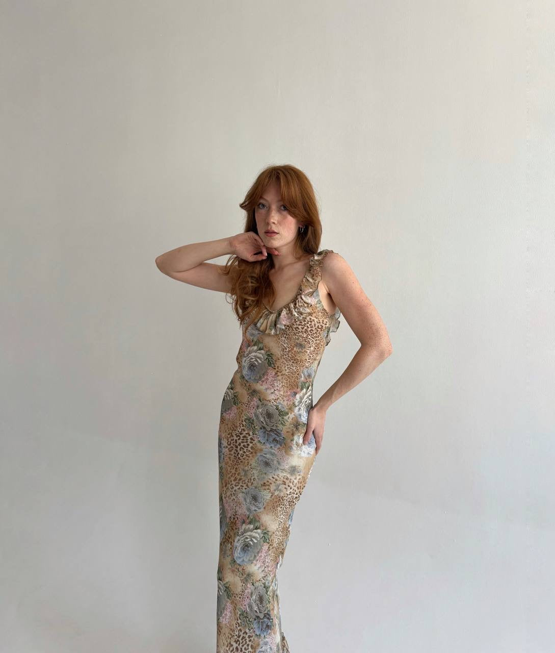 Vintage viscose long dress with leopard and flower print