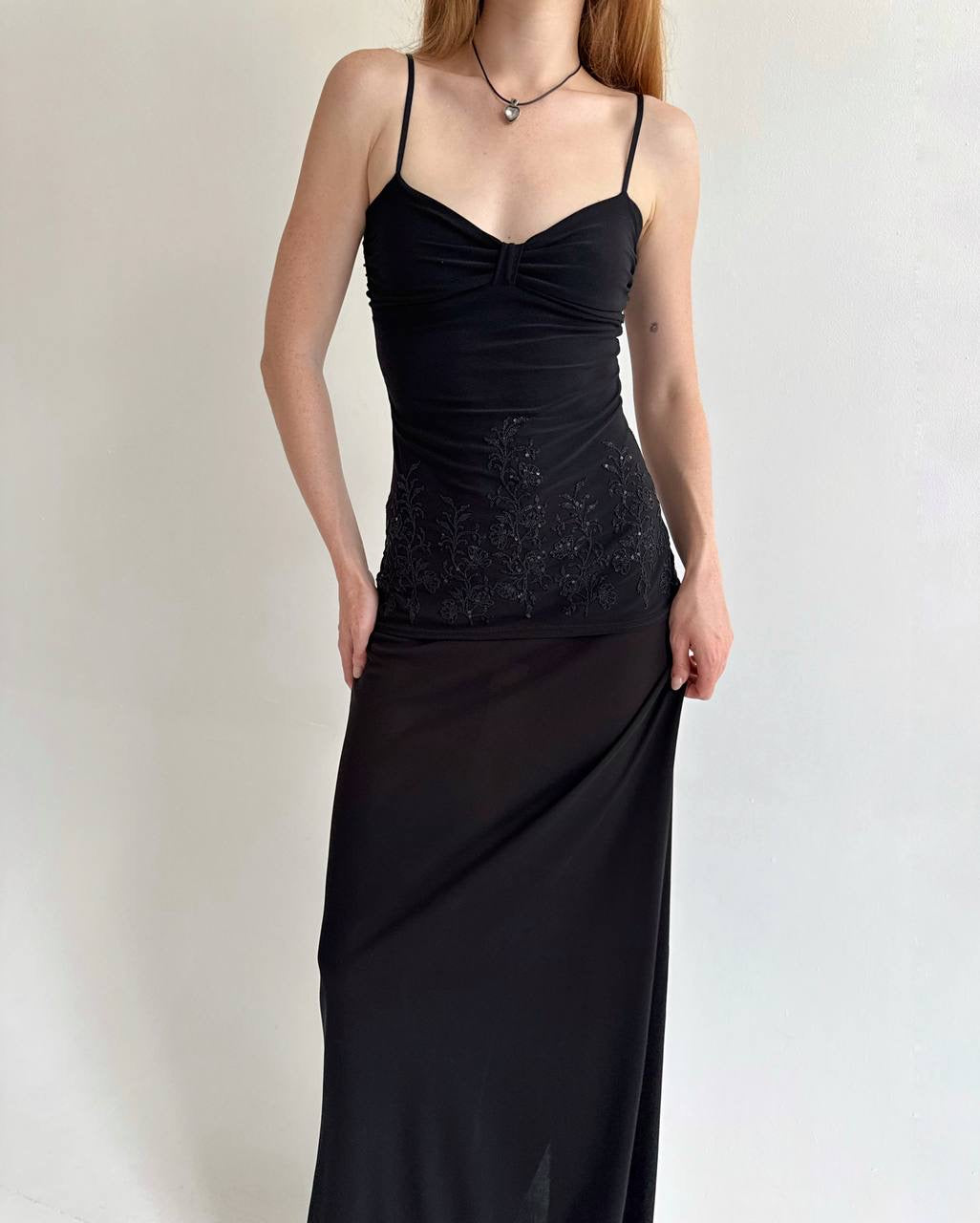 Y2K black cami top with beads embroidery
