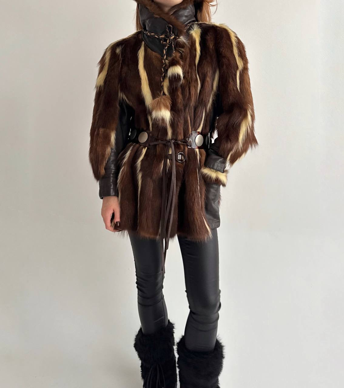 Vintage real fur coat with tortoise shell belt
