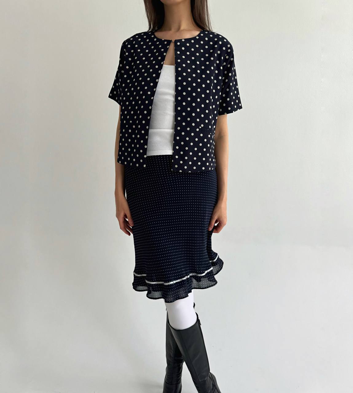 Vintage polka dot navy blouse