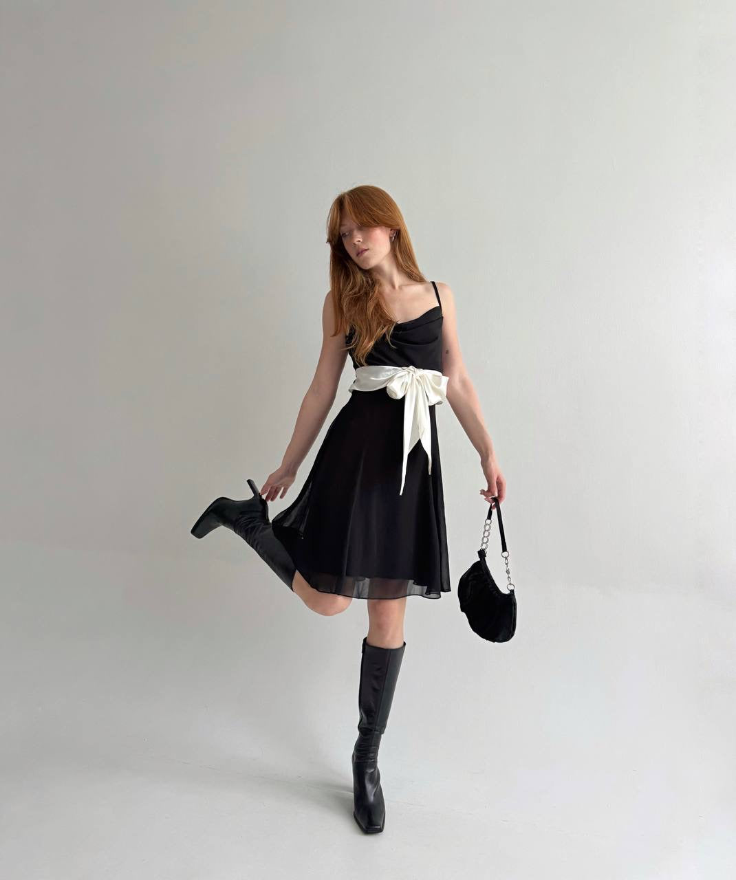 Vintage mini dress with white satin waist tie
