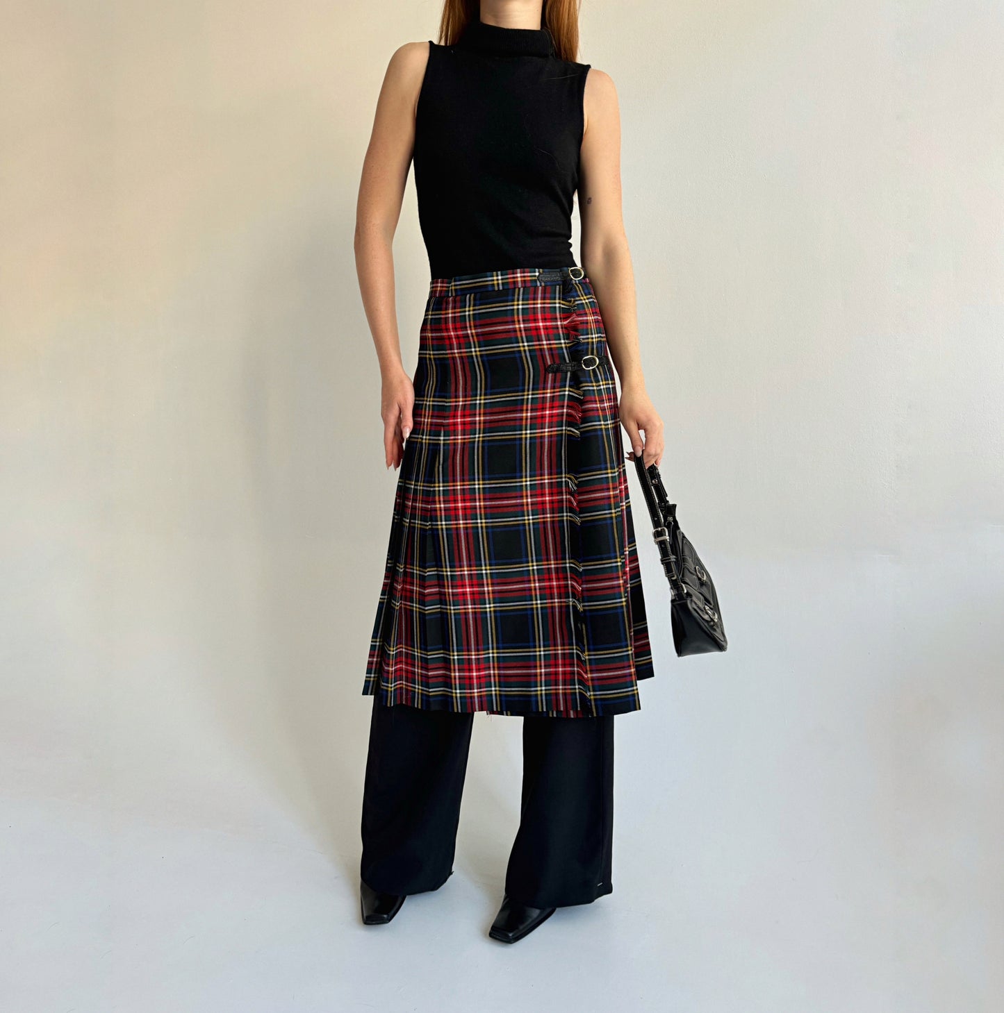 Vintage kilt checked tartan midi skirt