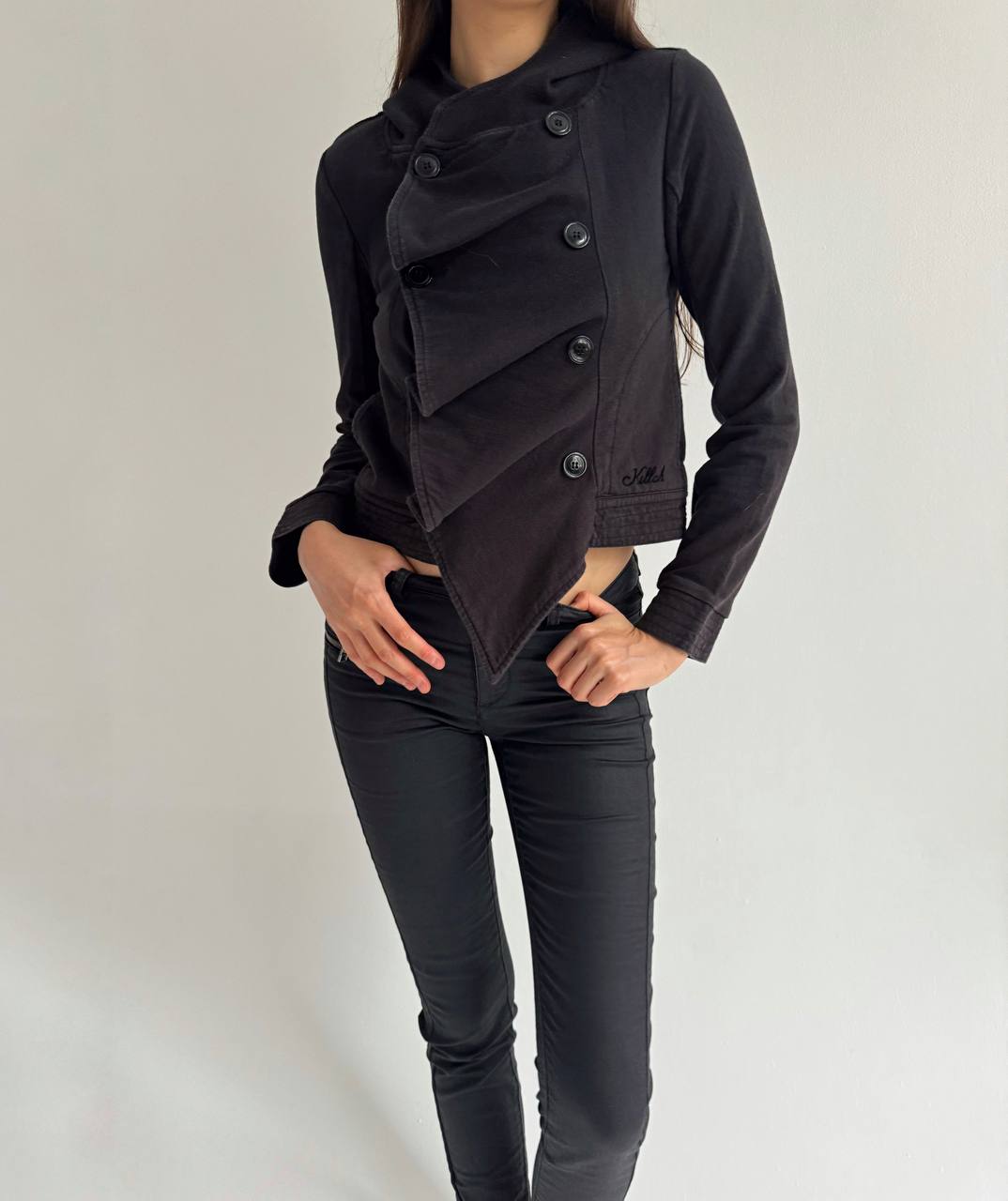 Avant garde cotton black asymmetrical blouse with a hood