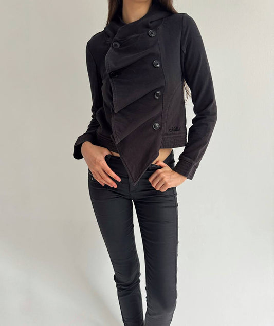 Avant garde cotton black asymmetrical blouse with a hood