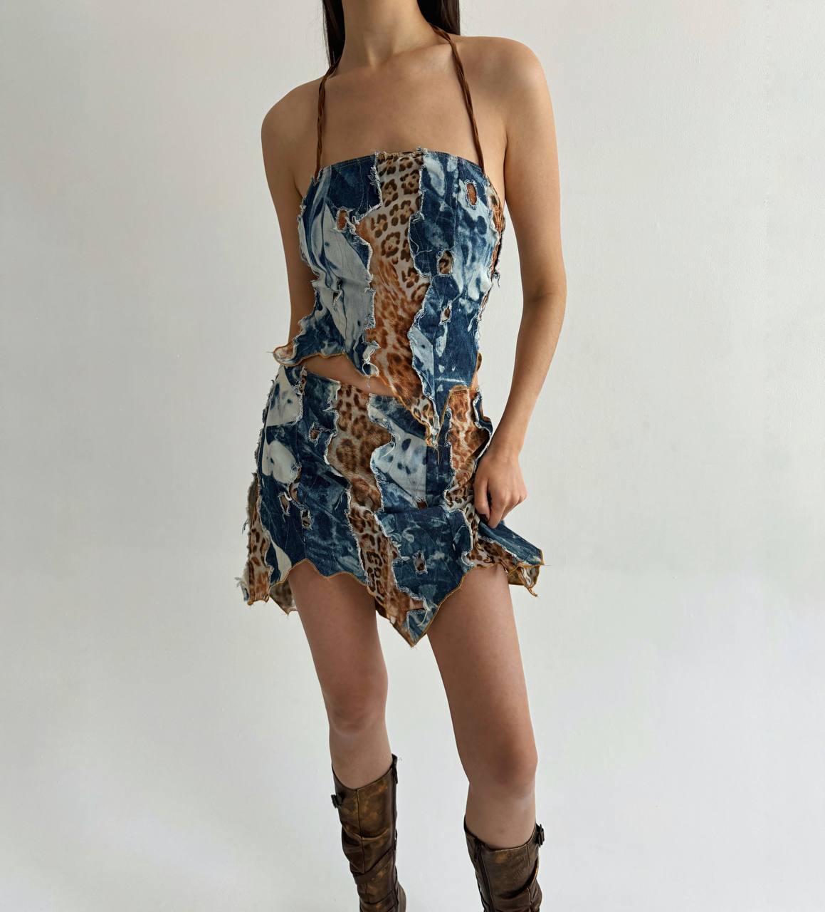 Vintage 3 piece suit with distressed leopard and denim like pattern