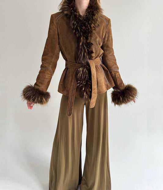 Vintage genuine leather jacket with real fur collar