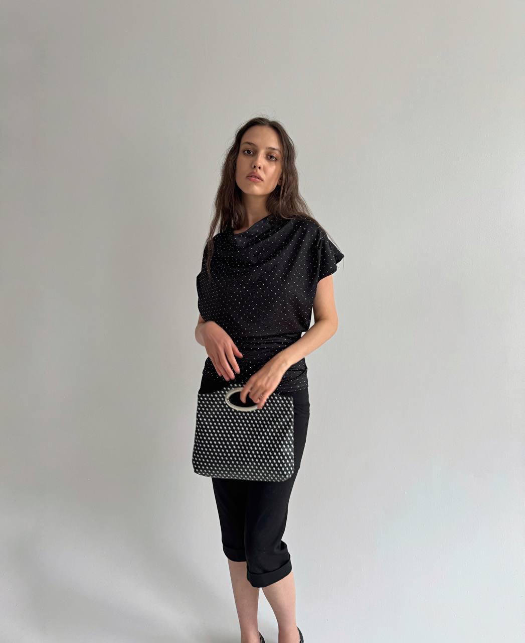Vintage black draped blouse with rhinestones