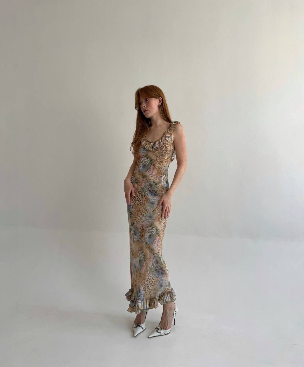 Vintage viscose long dress with leopard and flower print