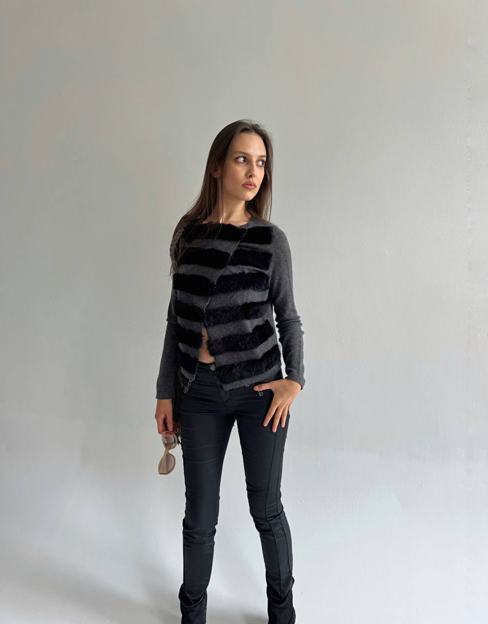 Y2K 100% cashmere grey cardigan with real fur