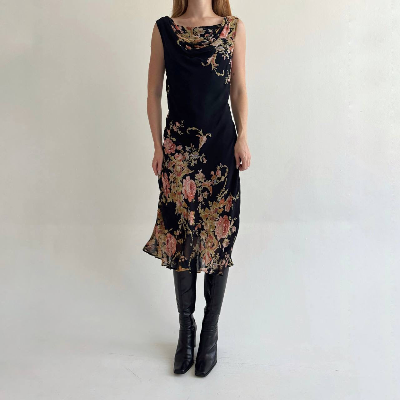 Vintage rayon dress with flower print and beads