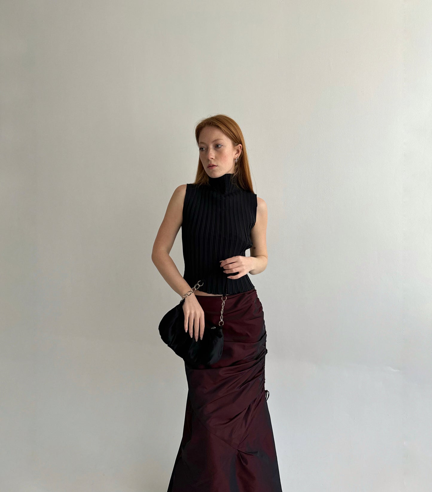 Vintage gothic burgundy maxi skirt with side gathering
