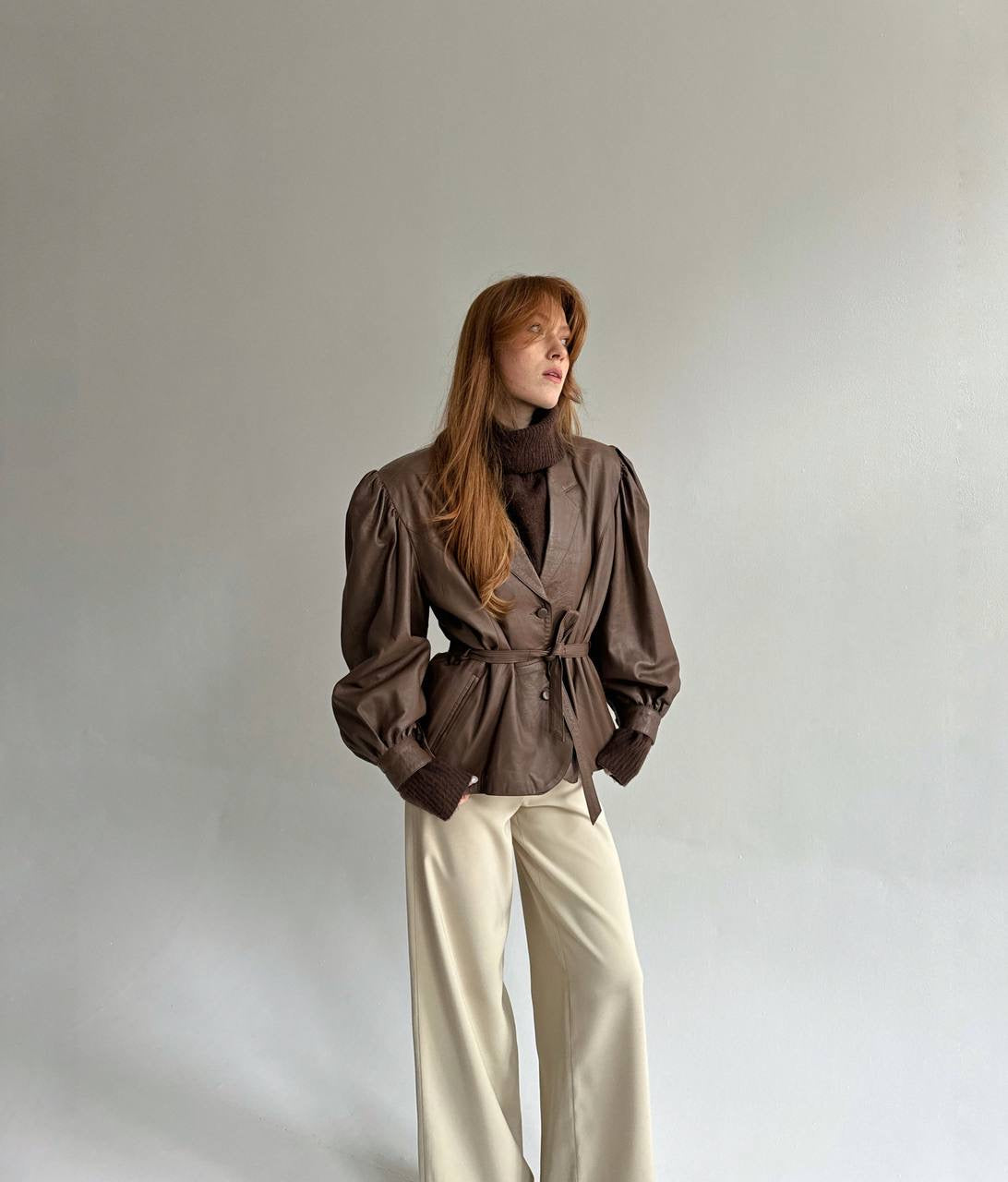 Vintage faux leather jacket with waist tie