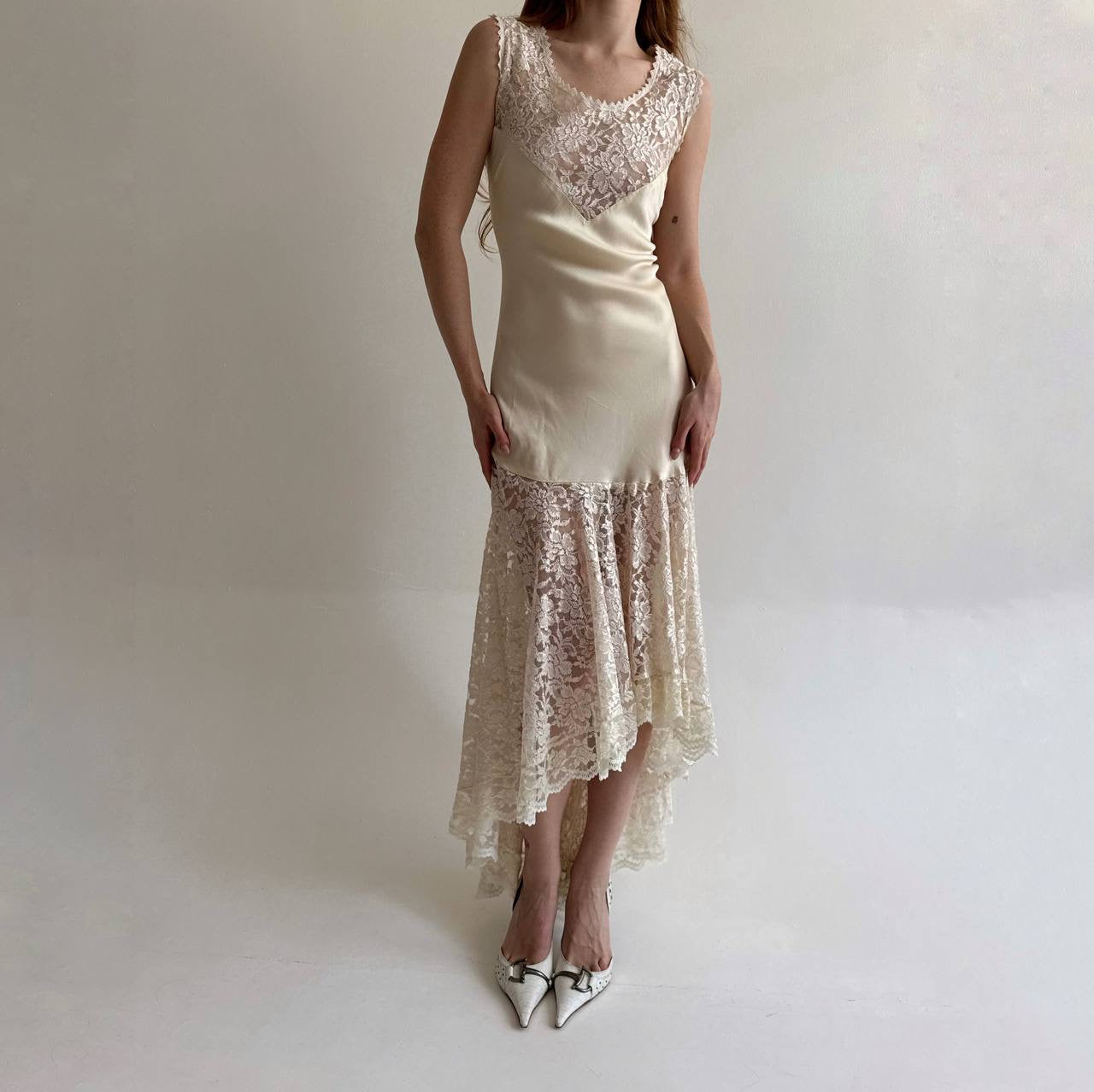 Vintage 80s pure silk antique inspired lace dress